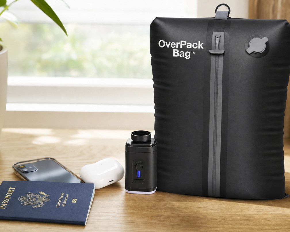 OverPack USB-C pump in hand over a packed bag
